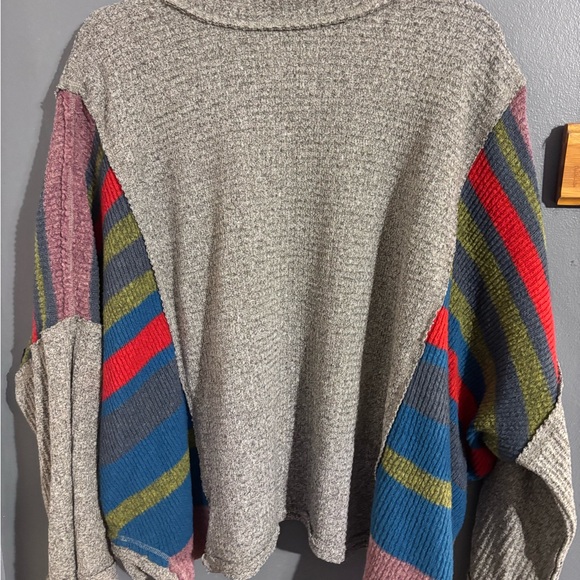 We The Free Sweaters - We The Free Beige Womens Cowl Neck Sweater with Multicolor Sleeve Accents